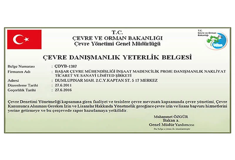 Başar Çevre Çevre Danışmanlık Yeterlik Belgesi