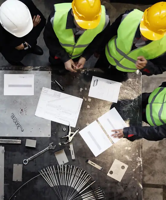 Sahada proje planlarını inceleyen mühendis ekibi